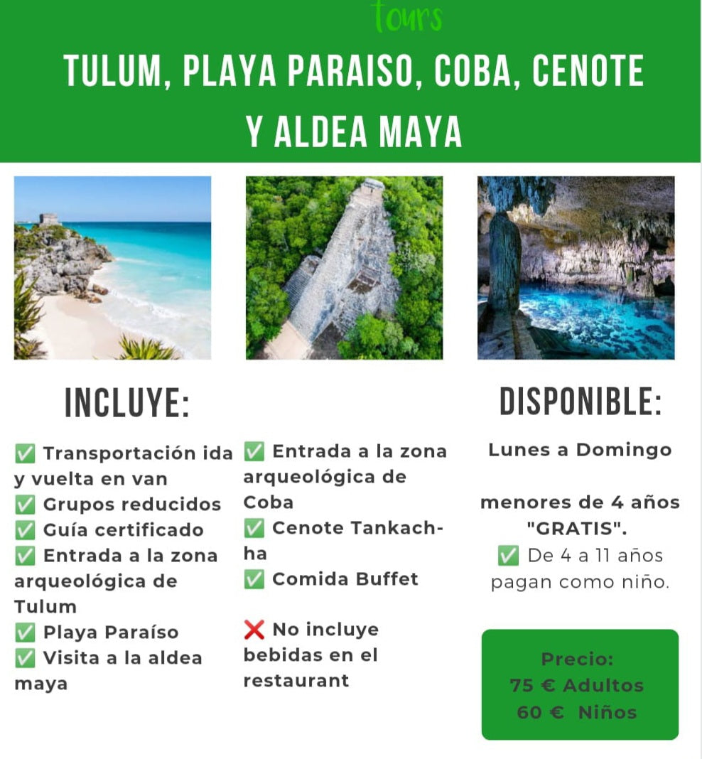 TULUM CINCO EN UNO - TULUM-PLAYA PARAISO-COBA-CENOTE-ALDEA MAYA